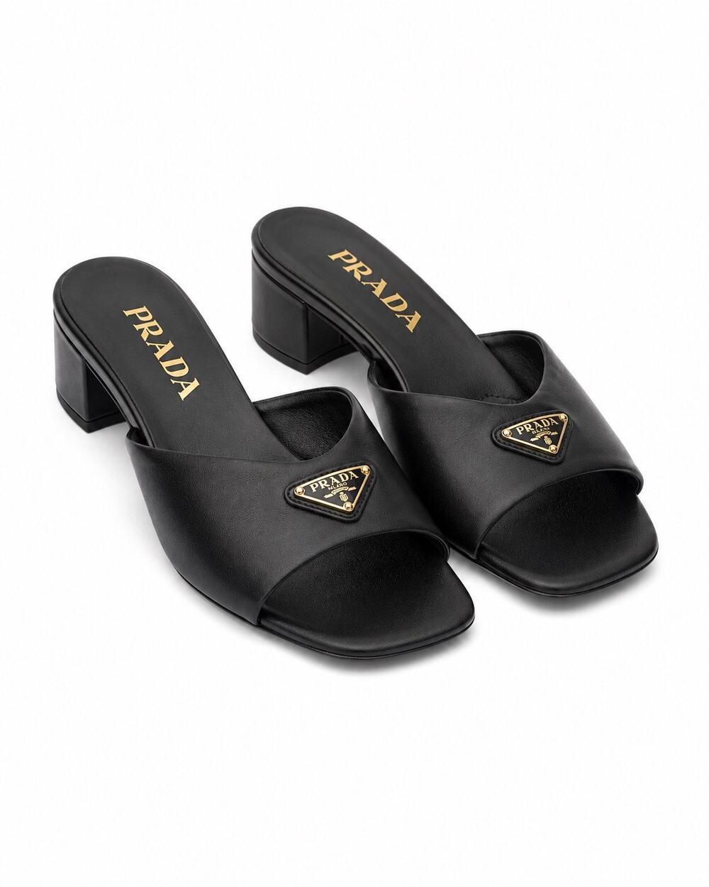 NIB Prada 1XX711 Padded Nappa Leather Mule Sandals Black Gold Size 35.5